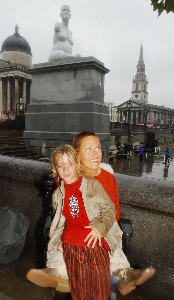 Artist Alison Lapper with her son Parys, 5, at the unveiling of Marc Quinn's controversial statue of her in Trafalgar Square, central London Thursday September 15, 2005. 