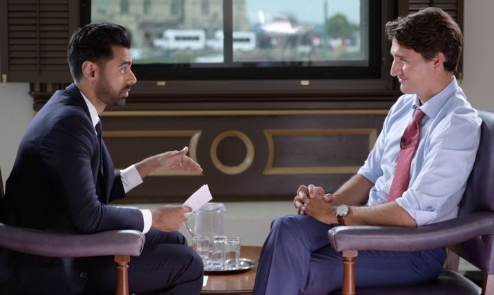 A screenshot of Hasan Minhaj interviewing Justin Trudeau on "Patriot Act."