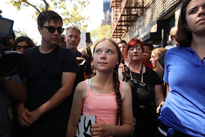 Greta Thunberg, 16, attends a youth-led protest in front of the UN in New York on Friday.