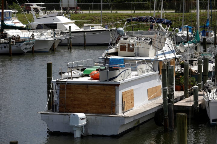 A boarded up ship is seen at a marina ahead of the arrival of Hurricane Dorian in Merritt Island, Florida, on Sunday.