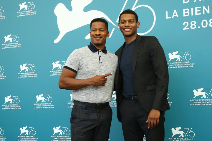 Director Nate Parker, left, and actor Shane Paul McGhie pose for photographers at the photo call for the film 'American Skin'