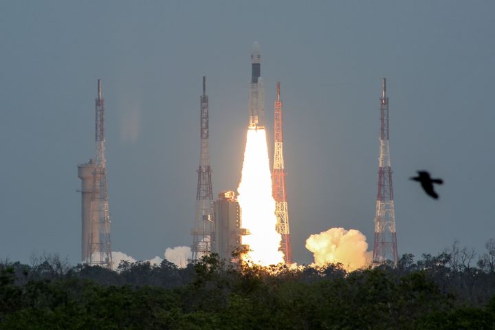 Geosynchronous Satellite Launch Vehicle Mk III-M1 blasts off carrying Chandrayaan-2, from the Satish Dhawan Space Centre at Sriharikota.