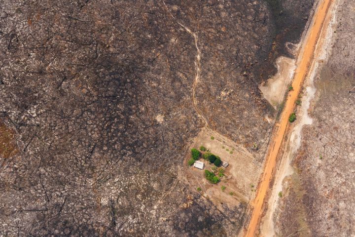 Βίλα Νόβα, Βραζιλία, 27 Αυγούστου 2019. Ένα σπίτι διακρίνεται να έχει διασωθεί ενώ γύρω του υπάρχει μόνο καμμένη γη. 
