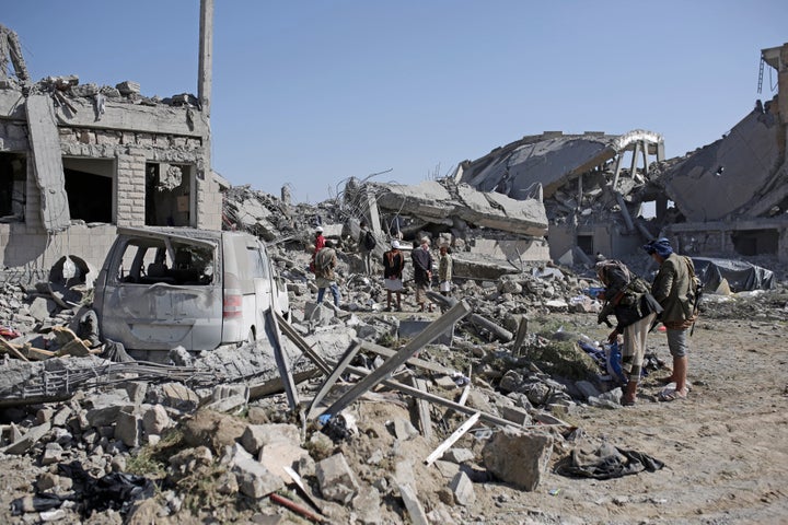 Multiple Saudi-led airstrikes destroyed a Houthi-run prison in Dhamar province, southwestern Yemen, Sunday, Sept. 1, 2019.&nb