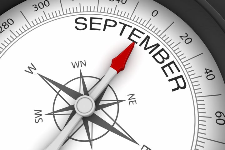 White Background, Black Frame Compass, Arrow pointing to September Month.