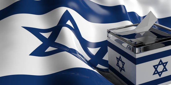 Glass ballot box on Israel flag background, 3d illustration