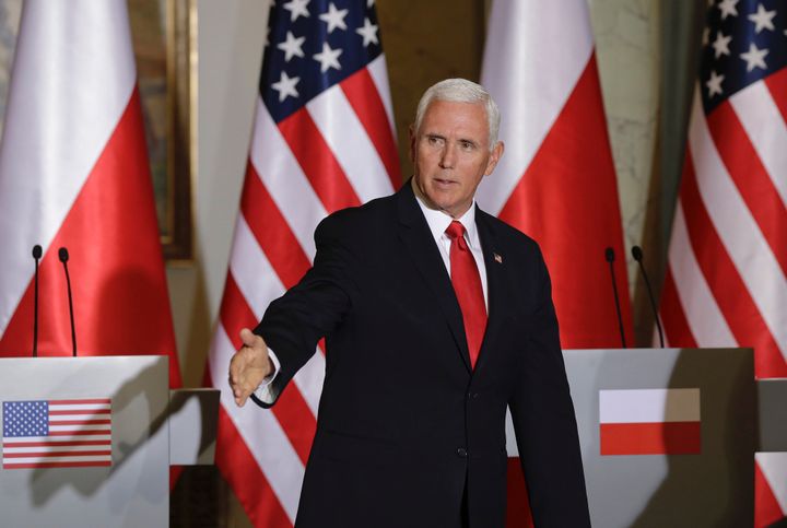 Vice President Mike Pence during joint press statements with Polish President Andrzej Duda after their meeting in Warsaw, Poland, on Monday.