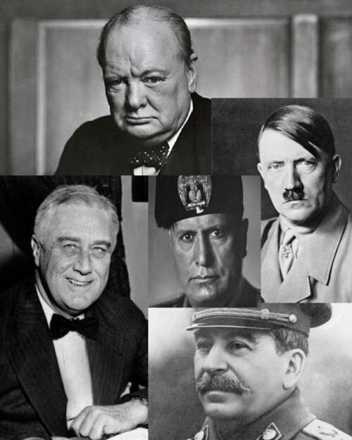 Siguiendo las manecillas del reloj: Winston Churchill, Adolf Hitler, Iósef Stalin, Franklin D. Roosevelt y Benito Mussolini.
