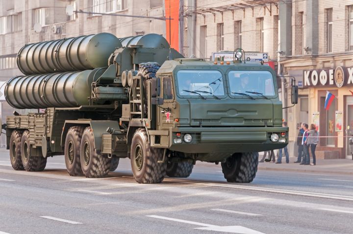 Moscow, Russia - May 9, 2013: S-400 Triumf anti-aircraft weapon system moves on display during parade festivities devoted to Victory Day.