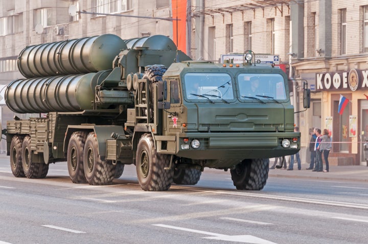 Moscow, Russia - May 9, 2013: S-400 Triumf anti-aircraft weapon system moves on display during parade festivities devoted to Victory Day.