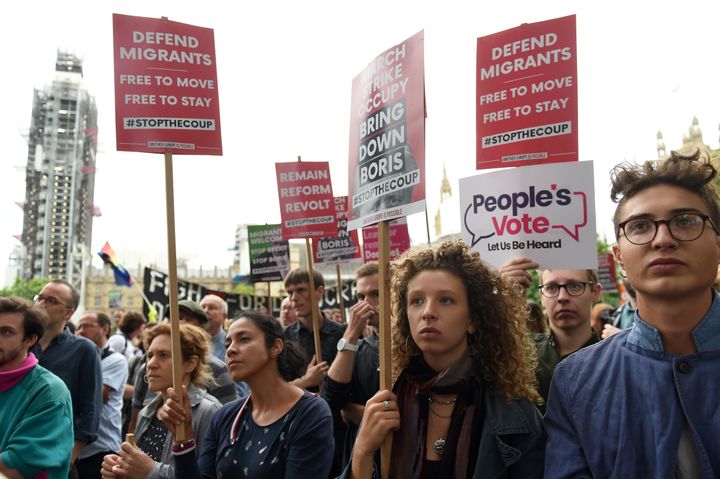 Protesters chanting "stop the coup" in response to Johnson's plan to prorogue parliament could be heard for the duration of his speech