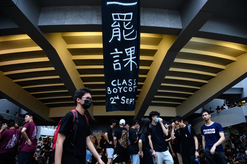 Students attend a school boycott rally at the Chinese University of Hong Kong on September 2, 2019, in...