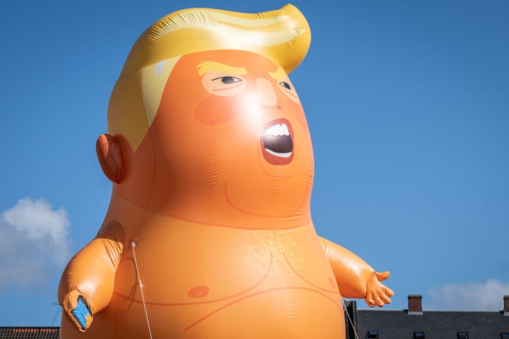 Trump Baby Blimp lords it over Kongens Nytorv square in Copenhagen.