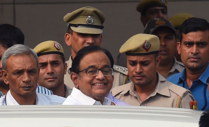 Senior Congress leader and former finance minister P Chidambaram comes out of Delhi's Rouse Avenue Court on August 30. 