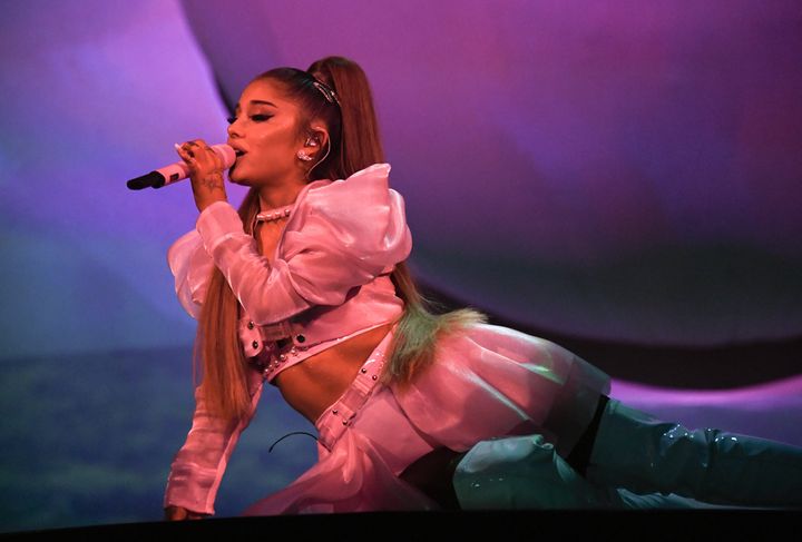 Grande performs on stage during her "Sweetener World Tour" at the O2 Arena on Aug. 17 in London. 