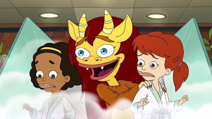 The characters Jessi and Missy with Connie the Hormone Monstress in "Big Mouth"