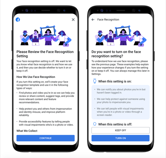 Facebook users who didn't previously have the face recognition option will see this prompt, and will...