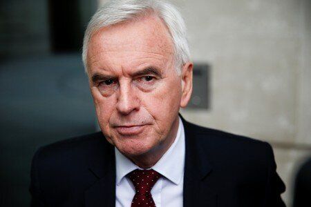 British Labour politician John McDonnell speaks to media outside the BBC headquarters after appearing on the Andrew Marr show in London