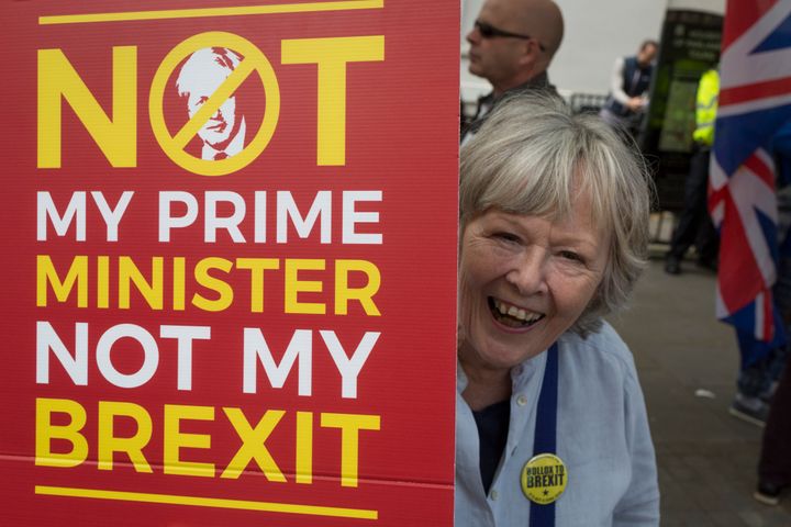 Pro-EU Remainers protest outside Parliament, on 3rd September 2019, in Westminster, London, England.