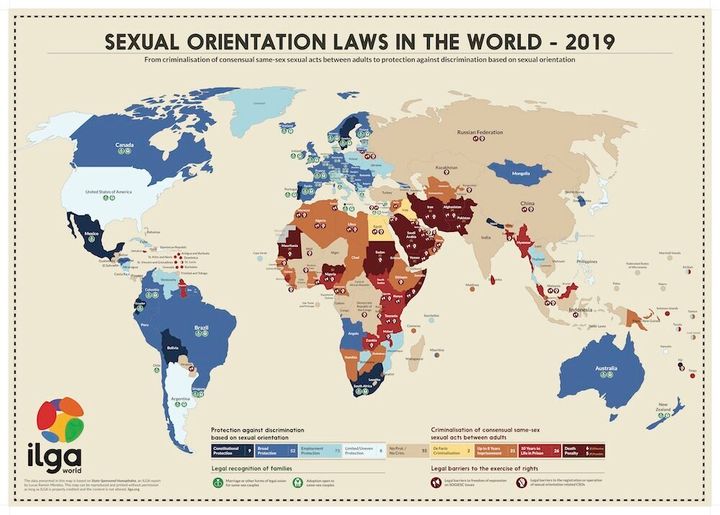 ILGAが作成した性的指向に関する各国の法的な状況をまとめた世界地図。