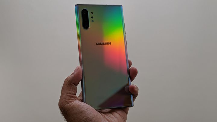 Samsung Galaxy Note 10+ back panel for the Aurora Glow variant.
