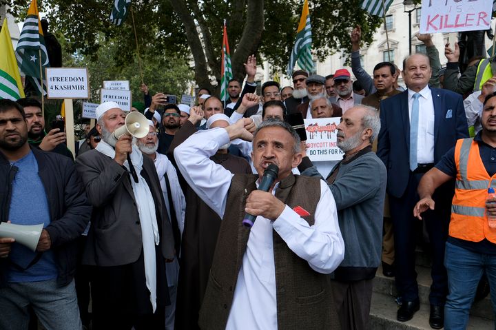 A protester speaks during the demonstration. Kashmir protesters gathered at Parliament Square to demand the stop of the Indian occupation in their territory and the human rights violations. 