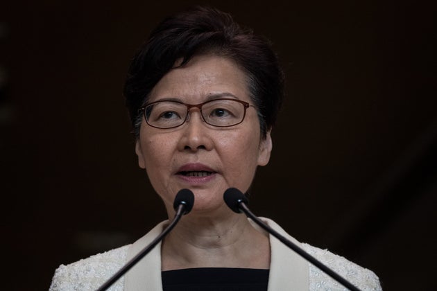Hong Kong Chief Executive Carrie Lam speaks to the media during a press conference at the Central Government...