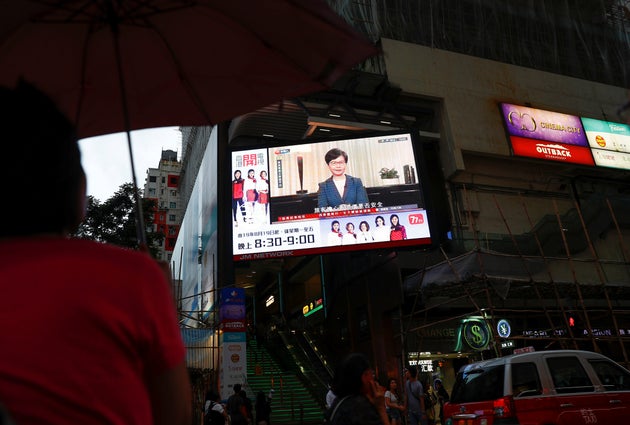 A news conference of Hong Kong's Chief Executive Carrie Lam is televised in Hong Kong, China, September 4, 2019. REUTERS/Kai Pfaffenbach