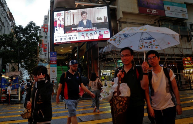 A news conference of Hong Kong's Chief Executive Carrie Lam is televised in Hong Kong, China, September 4, 2019. REUTERS/Kai Pfaffenbach