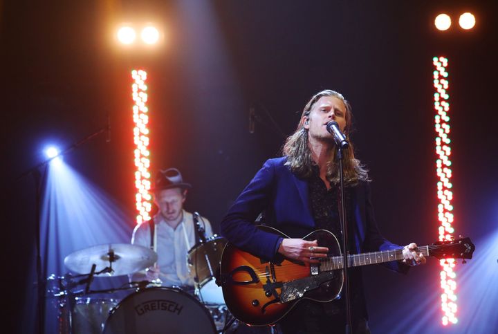 (Left) Jeremiah Fraites and Wesley Schultz of The Lumineers perform during "The Graham Norton Show."