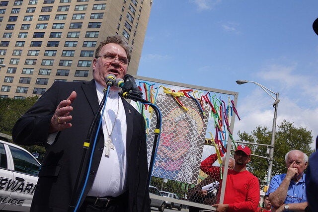 Cardinal Joseph Tobin, Newark’s Roman Catholic archbishop, speaks at a protest outside an ICE office in Newark, New Jersey.