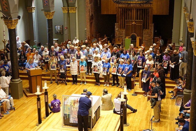 Catholics gather at St. Mary’s Church in Newark, New Jersey, for a meeting before marching to the city’s Federal Building. 