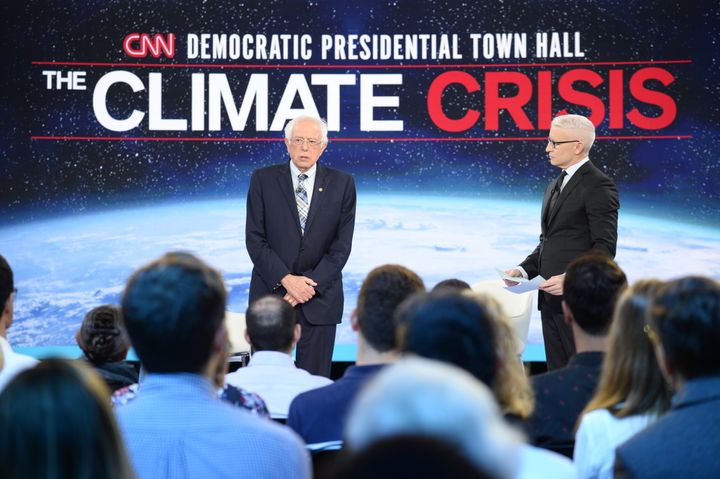 Sen. Bernie Sanders (I-Vt.) in the climate crisis "town hall" on Wednesday, moderated by CNN's Anderson Cooper. 
