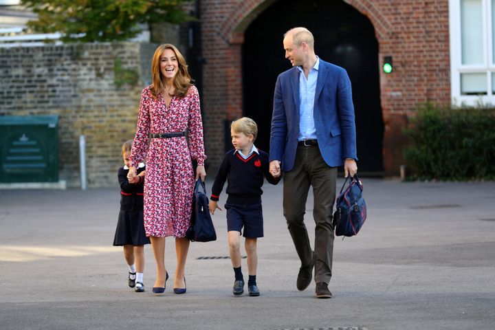 Princess Charlotte arrives for her first day of school accompanied by the Duke and Duchess of Cambridge and brother Prince George, at Thomas's Battersea in London on Sept. 5.