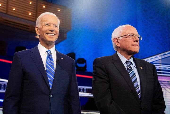 Sen. Bernie Sanders (I-Vt.), right, sees older, working-class voters backing former Vice President Joe Biden, left, as ripe for persuasion.