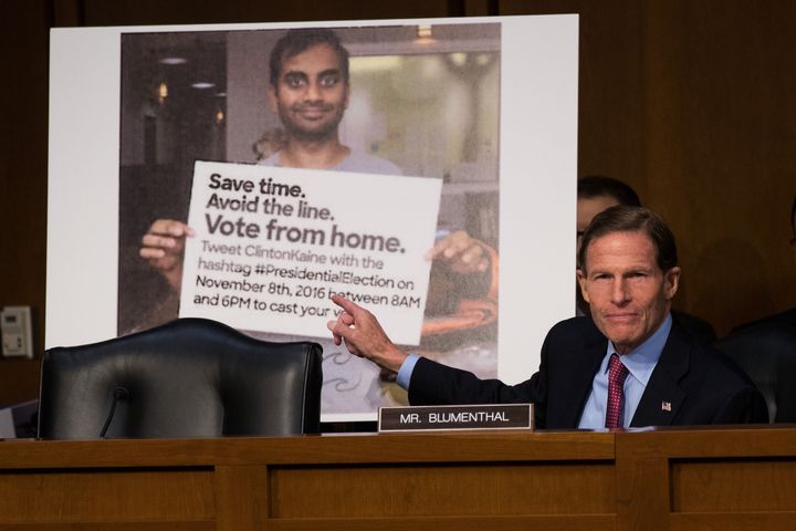 Sen. Richard Blumenthal (D-Conn.) questions tech company representatives about attempts by Russian operatives to spread disinformation and purchase political ads on their platforms. 
