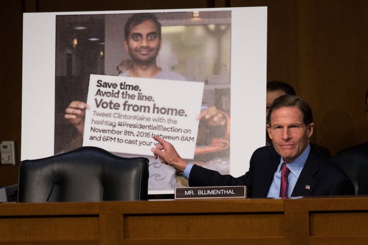Sen. Richard Blumenthal (D-Conn.) questions tech company representatives about attempts by Russian operatives to spread disin