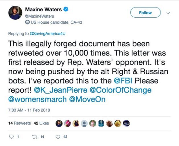 Waters tweets about the forged letter her opponent spread on Twitter.