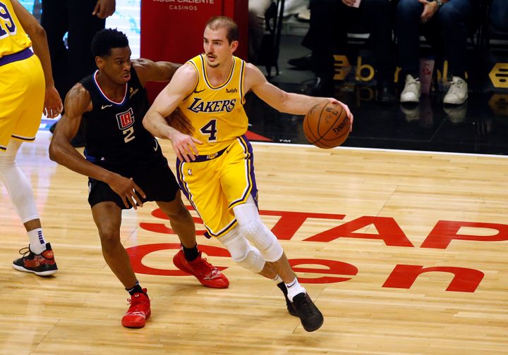 Los Angeles Lakers guard Alex Caruso is listed at 6-foot-5, 186 pounds, but you wouldn't know it by photoshopped images of him that recently appeared online.