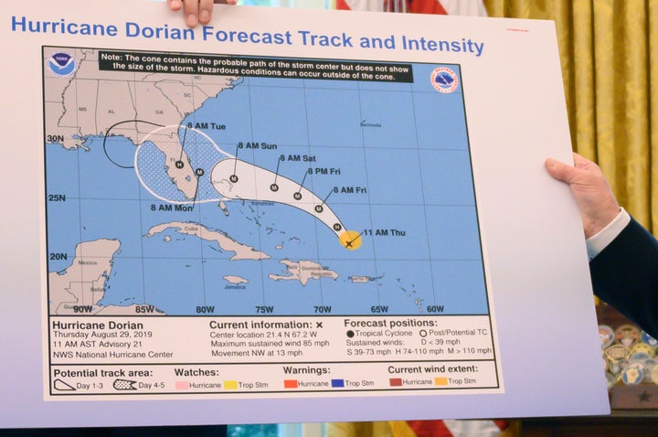 The map President Donald Trump displayed Wednesday included what appeared to be a Sharpie-drawn extension of the area Hurrica