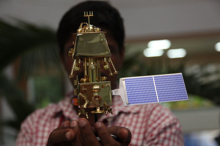 Scale models of Chandrayaan-2 on display at the headquarters of the Indian Space Research Organisation (ISRO). 