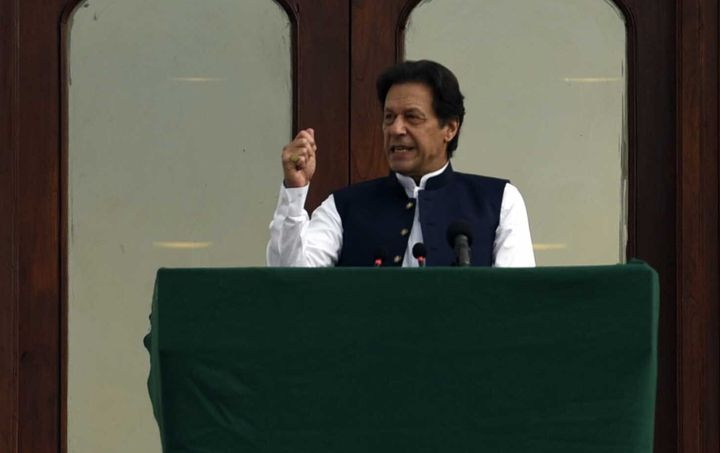Pakistan prime minister Imran Khan addresses the crowd during a rally in Islamabad on August 30. 