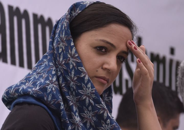 Shehla Rashid during an all party protest against the revocation of Jammu and Kashmir's special constitutional status, or Article 370, at Jantar Mantar on August 22.