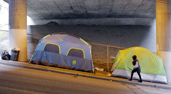 Tents under a highway near downtown Seattle, March 2017. Homelessness in the city has increased amid America's worsening housing crisis.