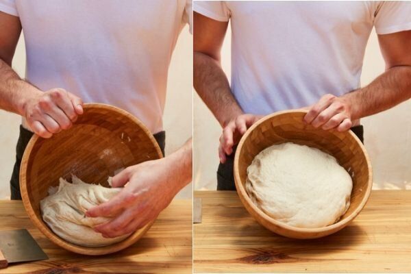 The Genuine Hospitality Group chef de cuisine shows a risen dough that's ready to be kneaded.
