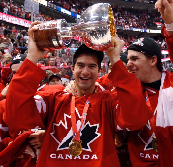 Angelo Esposito celebrates with teammate John Tavares after winning the gold medal final against Team Sweden at the World Junior Hockey Championship n Ottawa on Jan. 5, 2009.