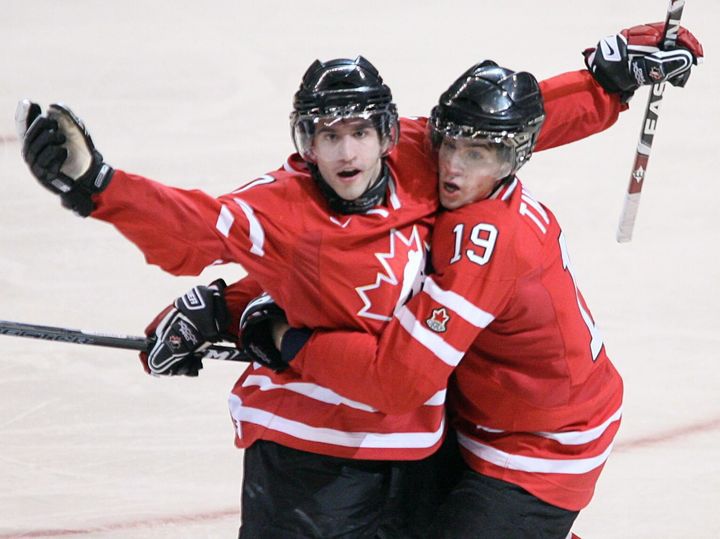 Angelo Esposito celebrates his goal with teammate John Tavares in the gold medal game at the World Junior Hockey Championship in Ottawa on Jan. 5, 2009.
