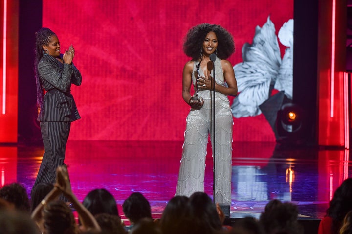Actress Angela Bassett speaks onstage during Black Girls Rock at the New Jersey Performing Arts Center.