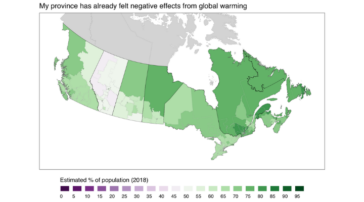 This map shows the estimated percentage of adults in each of Canada's ridings who agree with the statement "My province has already felt negative effects from global warming."