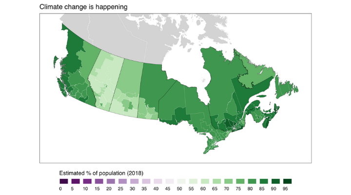 This map shows the estimated percentage of adults in each of Canada's ridings who agree that climate change is happening.